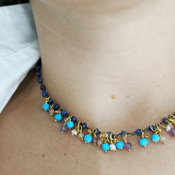 Pink Amethyst Lapis Lazuli Pearl Choker - Picture 2 of 3